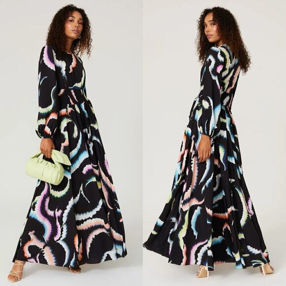 A.L.C. Leah Dress Printed Long Sleeve Smocked Waist A-Line Maxi Black Multi 0 - Picture 1 of 10